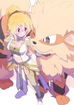 1girl arcanine blonde_hair blush boots breasts cleavage closed_mouth commentary_request crop_top dot_nose full_body gen_1_pokemon hair_between_eyes highres jacket large_breasts long_hair long_sleeves magia_record:_mahou_shoujo_madoka_magica_gaiden mahou_shoujo_madoka_magica midriff navel nintendo open_clothes open_jacket pokemon pokemon_(creature) ponytail red_eyes serizawa_serizane simple_background smile standing togame_momoko twitter_username white_background white_boots white_jacket