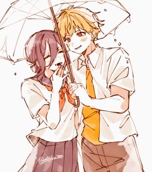 1boy 1girl black_pants black_sailor_collar black_skirt blonde_hair blush chainsaw_man closed_eyes collared_shirt commentary_request couple cow denji_(chainsaw_man) er1ji6ou2004 hair_between_eyes hair_bun hand_to_own_mouth hetero holding holding_umbrella laughing medium_hair neckerchief official_alternate_costume open_mouth orange_shirt pants purple_hair rain red_eyes red_neckerchief reze_(chainsaw_man) sailor_collar sharp_teeth shirt short_hair skirt smile teeth twintails umbrella updo water_drop white_background white_shirt