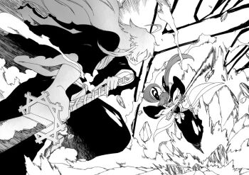 2girls bleach bleach:_sennen_kessen-hen chest_sarashi commentary_request duel eyepatch greyscale hair_ribbon haori headband hitsuran99 holding holding_sword holding_weapon jacket japanese_clothes long_hair monochrome motion_lines multiple_girls open_clothes open_jacket original ribbon rock saitou_furoufushi sarashi shihakusho speed_lines sword taichou_haori twintails weapon