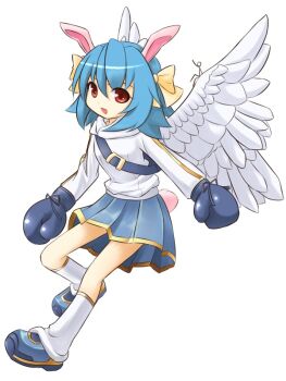 10s angel_wings animal_ears backpack bag blue_hair boxing_gloves bunny_(trickster) hairband headband hood hoodie lina_(trickster) loose_socks open_mouth rabbit_ears rabbit_tail randoseru red_eyes simple_background skirt socks solo tail trickster_(ntreev_soft) tsuukounin_(pixiv_39749) wings