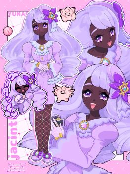 Rule 34 | 1girl, character name, clefable, dark-skinned female, dark skin, dress, gen 1 pokemon, highres, jacinthe (pokemon), long hair, maromichan, nintendo, open mouth, pink background, pokemon, pokemon legends: z-a, purple dress, purple eyes, smile, solo, very dark skin