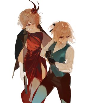 Rule 34 | 2girls, absurdres, black gloves, black jacket, black pants, blonde hair, brown hair, collared shirt, commentary, dress, durandal (honkai impact), english commentary, flower, gloves, gun, hair over one eye, highres, holding, holding gun, holding weapon, honkai (series), honkai impact 3rd, jacket, jacket on shoulders, long sleeves, mole, mole under eye, multiple girls, pants, red dress, red flower, red rose, rita rossweisse, rose, shirt, side slit, suit jacket, vest, weapon, white gloves, white shirt, ylceon