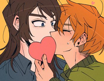 1boy 1girl abaddon_(haunted_hotel) blue_eyes blush brown_hair commentary esther_freeling haunted_hotel heart highres holding insidej043 jacket kiss long_hair looking_at_another orange_hair portrait short_hair simple_background symbol-only_commentary undercut yellow_background