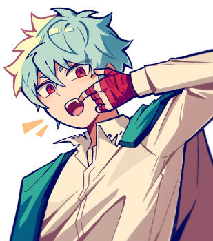 1boy blue_hair collared_shirt fangs green_gakuran highres jacket jacket_on_shoulders kaidou_shun long_sleeves male_focus mouth_pull notice_lines open_mouth pk_academy_school_uniform red_eyes saiki_kusuo_no_psi_nan school_uniform shirt short_hair simple_background solo teeth torn_clothes torn_shirt upper_body white_background white_shirt ye0nh3