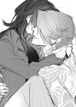 2girls arm_tattoo arms_around_neck bybymkmk carrying carrying_person chief_(path_to_nowhere) collared_shirt female_chief_(path_to_nowhere) greyscale hand_on_another&#039;s_waist highres long_hair medium_hair monochrome multiple_girls parted_lips path_to_nowhere shirt shoulder_tattoo smile tattoo yuri zoya_(path_to_nowhere)