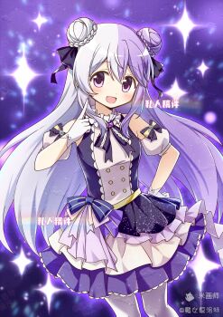 1girl :d absurdres bare_shoulders black_bow black_ribbon blush bow detached_sleeves double_bun dress feet_out_of_frame hair_bun hair_ribbon hand_up highres index_finger_raised long_hair looking_at_viewer mihuashi_username monu_xialuote multicolored_hair open_mouth original pantyhose pink_eyes purple_background purple_dress purple_hair ribbon short_sleeves sleeve_bow sleeveless sleeveless_dress smile solo sparkle split-color_hair standing two-tone_hair white_hair white_pantyhose white_sleeves