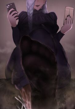 1girl absurdres boots cellphone crossed_legs cum ejaculation envelope feet grey_hair hair_over_one_eye highres jujutsu_kaisen long_hair mappenkii mei_mei_(jujutsu_kaisen) open_mouth phone shoes single_shoe sitting smartphone smell soles steam