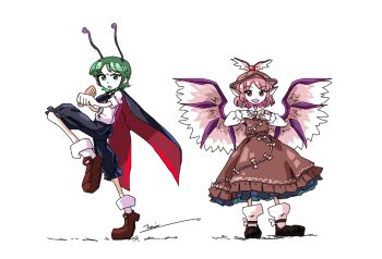 2girls angry animal_ears antennae arthropod_girl bird_ears bird_girl bird_wings black_cape black_shoes blue_shorts brown_dress brown_hat brown_shoes cape clenched_hand collared_shirt dress dress_ribbon feathered_wings fighting_stance frilled_dress frilled_shorts frills green_eyes grey_hair hands_on_own_chest hands_up happy hat hat_ornament imperishable_night looking_at_viewer medium_hair multicolored_cape multiple_girls mystia_lorelei neck_ribbon open_mouth parted_bangs pink_ribbon pink_wings puffy_short_sleeves puffy_shorts puffy_sleeves red_cape red_eyes ribbon shirt shoes short_sleeves shorts signature simple_background sleeves_rolled_up smile socks touhou white_background white_shirt white_socks wing_hat_ornament wings wriggle_nightbug yoiy_san