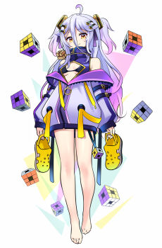 1girl absurdres asahi_illustrator black_bra bra breasts cleavage cleavage_cutout closed_mouth clothing_cutout commentary dress english_commentary gradient_hair grey_hair hair_between_eyes hair_ribbon hashtag-only_commentary henya_the_genius henya_the_genius_(1st_costume) highres holding holding_shoes holding_unworn_clothes indie_virtual_youtuber jacket long_bangs long_hair looking_at_viewer multicolored_hair purple_dress purple_hair purple_ribbon ribbon rubik's_cube shoes sleeveless sleeveless_dress small_breasts smile solo underwear unworn_shoes very_long_hair virtual_youtuber white_jacket yellow_eyes yellow_shoes