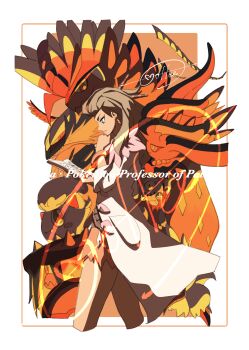 1girl absurdres aqua_eyes book border bracelet brown_hair brute_bonnet cccacademia character_name closed_mouth coat earrings flutter_mane hair_ornament hand_up highres holding holding_book jewelry koraidon long_hair looking_down mixed-language_commentary nintendo orange_shorts pokemon pokemon_(creature) pokemon_sv roaring_moon sandy_shocks scream_tail shorts signature torn_clothes torn_shorts white_border white_coat