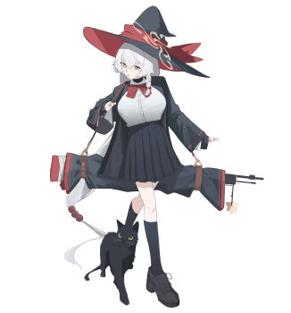 1girl 1other absurdres amagasa_mike animal black_boots black_cat black_robe black_skirt black_socks blue_archive boots bow breasts cat collared_shirt commentary eri_(blue_archive) gun hair_between_eyes halo hat highres large_breasts long_sleeves looking_at_another open_mouth pleated_skirt red_bow robe shirt simple_background skirt socks weapon white_background white_hair white_shirt witch_hat yellow_halo