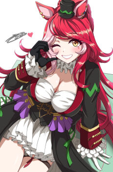 1girl animal_ears asymmetrical_gloves black_gloves black_jacket blush breasts cleavage commentary_request facial_mark gloves hair_between_eyes hair_ornament hat heart heart_facial_mark heart_hands heart_on_cheek horse_ears horse_girl horse_tail jacket large_breasts long_hair looking_at_viewer loves_only_you_(9927_wishes)_(umamusume) loves_only_you_(umamusume) mismatched_gloves multicolored_hair one_eye_closed open_mouth red_hair sayossa_(pak-front) skirt smile solo tail thigh_strap umamusume white_gloves white_skirt yellow_eyes