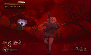 1girl absurdres ak-74 aks-74 alternate_costume anomaly_(stalker) assault_rifle bare_tree bike_shorts blonde_hair boots clenched_teeth english_text fake_screenshot gameplay_mechanics gun gun_on_back heads-up_display health_bar highres holding holding_gun holding_weapon holster kalashnikov_rifle kto_znaet mizuhashi_parsee radiation_symbol red_sky rifle running shotgun sky stalker_(game) stalker_2:_heart_of_chornobyl stalker_2_(game) suppressor sweatdrop teeth thigh_holster touhou tree user_interface weapon weapon_on_back