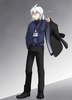 1boy ahoge caffein cigarette full_body gradient_background highres honne_dell looking_away male_focus necktie ponytail red_eyes short_hair smoking solo square-end_necktie vocaloid white_hair