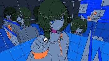 1girl artist_name black_hair blue_eyes blue_screen_of_death closed_eyes closed_mouth cursor different_reflection disembodied_head error_message floating_head fuwa29ne grey_shirt hand_up high_collar highres holding indoors limited_palette looking_at_viewer mirror original pout reflection shirt short_hair sitting solo standing tile_wall tiles window_(computing) zipper zipper_pull_tab