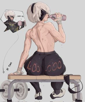 1boy 1girl 2b_(nier:automata) ass back backboob bandaged_hand bandaged_wrist bandages black_hairband blindfold bottle bra breaking breasts clothes_writing dumbbell english_text exercising from_behind full_body grey_background hairband heavy highres medium_breasts metal_gear_(series) metal_gear_rising:_revengeance nier:automata nier_(series) one_eye_covered pants parted_hair pink_lips profile raiden_(metal_gear) shoes short_hair simple_background sitting sneakers solo_focus sweat tight_clothes tight_pants toned topless_female underwear unworn_bra water_bottle weight weightlifting white_footwear white_hair yoga_pants yoracrab