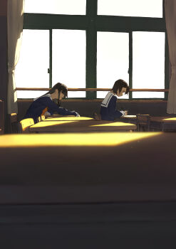 2girls absurdres commentary_request from_side highres indoors long_hair multiple_girls original school_uniform shiloroshi window