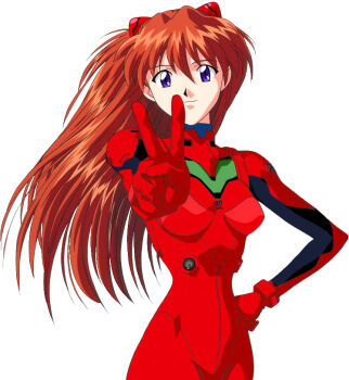 1girl bad_id blue_eyes bodysuit breasts brown_hair closed_mouth curvy gift_art hand_on_own_hip interface_headset_(evangelion) itou_katsunobu kamitani_hideo long_hair mecha_pilot_suit medium_breasts narrow_waist neon_genesis_evangelion outstretched_arm plugsuit_(evangelion) red_bodysuit second-party_source simple_background skin_tight smile solo souryuu_asuka_langley standing upper_body v white_background wide_hips