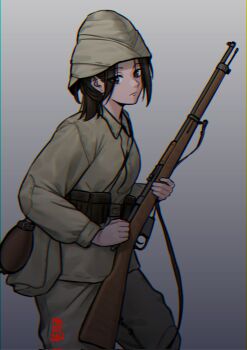 1girl ammunition_pouch bag brown_eyes brown_hair canteen gun_sling helmet highres mardjan mauser_model_1889 original ottoman_empire pith_helmet pouch world_war_i