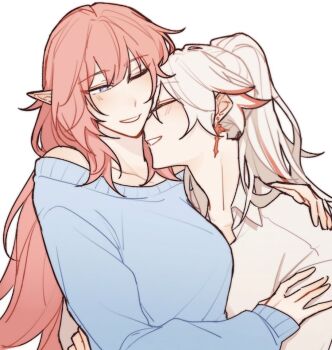 Rule 34 | blue eyes, blue sweater, breasts, cross, cross earrings, earrings, elf, elysia (honkai impact), half-closed eyes, high ponytail, honkai (series), honkai impact 3rd, hug, jewelry, kiana kaslana, kiana kaslana (herrscher of flamescion), large breasts, long hair, multicolored hair, orange hair, pink hair, pointy ears, ponytail, riejiu, shirt, simple background, smile, streaked hair, sweater, two-tone hair, very long hair, white background, white shirt, yuri