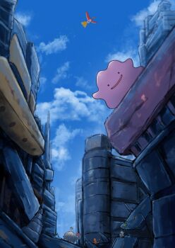 Rule 34 | absurdres, black eyes, building, bulbasaur, charmander, cloud, commentary request, day, ditto, from below, gen 1 pokemon, gen 2 pokemon, gen 4 pokemon, highres, ho-oh, kittenlochen, legendary pokemon, nintendo, no humans, open mouth, outdoors, pokemon, pokemon (creature), pokemon focus, pokemon pokopia, professor tangrowth, ruins, sky, smile, squirtle, tangrowth