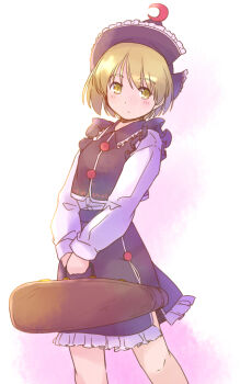 1girl black_hat black_skirt black_vest blonde_hair blush buttons commentary_request crescent crescent_hat_ornament feet_out_of_frame frilled_hat frilled_shirt_collar frilled_skirt frills hat hat_ornament holding_case instrument_case knees light_frown long_sleeves looking_to_the_side lunasa_prismriver one-hour_drawing_challenge pink_background rangycrow shirt short_hair skirt solo touhou vest white_shirt