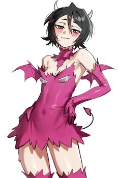 1girl black_hair bleach blush breasts cleavage commentary demon_costume demon_horns demon_tail demon_wings dress elbow_gloves english_commentary fake_horns fake_tail fake_wings gloves highres horns kuchiki_rukia pink_dress pink_eyes pink_gloves pink_tail pink_thighhighs pink_wings short_hair small_breasts smile solo tail thighhighs thighs waligner white_background wings