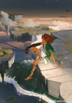 1boy akihare apple aqua_shirt aqua_sleeves blonde_hair blue_eyes brown_ribbon brown_sandals chinese_commentary cloud commentary_request dragon dusk ear_piercing earrings floating_island food from_side fruit full_body hair_down hair_lift hand_on_ground highres holding holding_food holding_fruit hoop_earrings jewelry knee_up leg_ribbon light_dragon_(zelda) link male_focus mechanical_arms medium_hair nintendo outdoors outstretched_arm overgrown piercing pointy_ears ribbon sandals shirt short_sleeves shorts single_bare_arm single_mechanical_arm single_sleeve sitting solo the_legend_of_zelda the_legend_of_zelda:_tears_of_the_kingdom triforce_print water waterfall watermark weibo_watermark white_shorts wind wind_lift