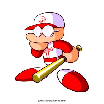 1boy artist_request baseball_bat baseball_cap baseball_uniform glasses hand_on_own_face hat highres holding holding_baseball_bat jikkyou_powerful_pro_yakyuu jikkyou_powerful_pro_yakyuu_(style) metal_baseball_bat multicolored_hat multicolored_shirt multicolored_shoes no_eyes no_mouth official_art rayman_limbs red_hat red_shirt red_shoes shirt shoes solo sportswear two-tone_shirt two-tone_shoes white_hat white_shirt white_shoes yabe_akio