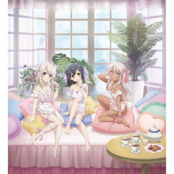 3girls apron black_hair blonde_hair bracelet braid breasts chloe_von_einzbern cleavage collarbone cookie cup dark-skinned_female dark_skin fate/kaleid_liner_prisma_illya fate_(series) feet food hair_ribbon highres illyasviel_von_einzbern jewelry loli long_hair looking_at_viewer miyu_edelfelt multiple_girls naked_apron off_shoulder official_art orange_eyes pink_hair purple_ribbon red_eyes red_ribbon ribbon small_breasts smile table teapot thighs white_apron white_ribbon yellow_eyes