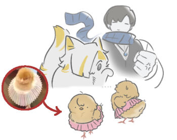 1boy :3 anger_vein animalization baby_animal bird black_hair blonde_streaks blue_scarf cat chick clenched_teeth demian_(project_moon) highres jewelry kromer_(project_moon) limbus_company multicolored_hair necklace ohzv pink_skirt project_moon scarf simple_background sinclair_(project_moon) skirt streaked_hair teeth white_background white_hair