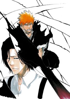 Rule 34 | 2boys, black hair, bleach, brown eyes, closed mouth, collarbone, japanese clothes, kubo tite, kurosaki ichigo, medium hair, multiple boys, official art, orange hair, scar, scar on face, shihakusho, short hair, simple background, spiked hair, suspenders, teeth, tsukishima shuukurou, upper body, white background