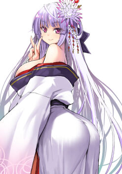 1girl arched_back ass bare_shoulders black_bow bow breasts closed_mouth commentary_request cowboy_shot curvy epiphyllum flower flower_knight_girl from_side gekkabijin_(flower_knight_girl) hair_bow hair_flower hair_ornament highres impossible_kimono japanese_clothes kanzashi kimono kintarou_(kintarou's_room) large_breasts long_hair long_sleeves looking_at_viewer off_shoulder purple_eyes purple_hair simple_background sleeves_past_fingers sleeves_past_wrists smile solo twisted_torso very_long_hair viewfinder white_background white_kimono wide_hips wide_sleeves