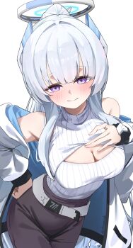 1girl absurdres bare_shoulders belt black_pants blue_archive blue_jacket blunt_bangs blush breasts cleavage cleavage_cutout clothing_cutout commentary_request grey_hair halo hand_on_own_chest hand_on_own_hip headgear highres jacket jacket_partially_removed long_hair looking_at_viewer mechanical_halo medium_breasts noa_(blue_archive) pants ponytail purple_eyes shiroyo_(shiromeahi) smile solo sweater turtleneck turtleneck_sweater two-sided_fabric two-sided_jacket white_belt white_halo white_jacket