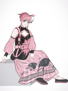 Rule 34 | 1girl, absurdres, aqua eyes, bare shoulders, belt, black shirt, black shoes, breasts, cherry blossoms, chinese clothes, chinese commentary, chinese hairpin, cleavage, cleavage cutout, closed mouth, clothing cutout, commentary request, cube, detached sleeves, diamond cutout, eyelashes, fan print, flats, flower, gradient eyes, hair bun, hand on lap, happy, highres, infinity nikki, leaf print, lipstick, long skirt, long sleeves, looking at viewer, makeup, maple leaf print, multicolored eyes, nikki (series), pink belt, pink eyes, pink flower, pink hair, pink lips, pink skirt, pink sleeves, pleated skirt, print shirt, print skirt, puffy long sleeves, puffy sleeves, shirt, shoes, short hair with long locks, shoulder belt, sidelocks, simple background, single hair bun, sitting, skirt, slit pupils, smile, solo, stylist (nikki), tassel, two-tone eyes, updo, white background, yonghu zhai xiaocao