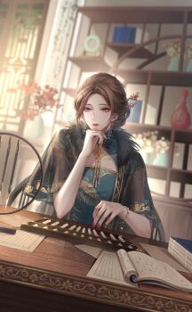 1boy animal_print aqua_dress artist_request bead_bracelet beads bird_print black_capelet book book_stack bracelet brown_hair butterfly_print capelet chair cherry_blossoms china_dress chinese_clothes chinese_hairpin crossdressing crossdressing_(mtf) day dress earrings eyelashes eyeshadow flower fur-trimmed_capelet fur_trim game_cg hair_bun hair_rings hand_on_own_chin highres indoors jewelry lipstick looking_at_object makeup male_focus nail_polish nikki_(series) official_art on_chair paper parted_lips pink_eyeshadow plant plum_blossoms potted_plant purple_eyes red_flower red_lips red_nails see-through_capelet see-through_clothes shelf shining_nikki short_hair single_hair_bun sitting smoky_shadows_(shining_nikki) solo strapless strapless_dress thinking upper_body vase white_flower yueniang_(shining_nikki)