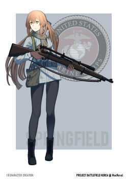 1girl absurdres ammunition_pouch black_boots black_pantyhose bolt_action boots border brown_gloves brown_hair character_name coat english_text full_body girls&#039;_frontline gloves green_eyes green_scarf gun gun_sling hair_between_eyes hair_ribbon hair_rings highres holding holding_gun holding_weapon long_sleeves m1903_springfield macayase pantyhose ponytail pouch revision ribbon rifle scarf sidelocks_tied_back solo springfield_(girls&#039;_frontline) trigger_discipline two-handed united_states_marine_corps weapon white_border white_coat