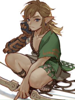 1boy archaic_set_(zelda) asymmetrical_clothes blonde_hair blue_eyes bow_(weapon) closed_mouth collarbone commentary earrings elbow_on_knee english_commentary frown full_body head_rest highres holding holding_bow_(weapon) holding_weapon ivy_(sena0119) jewelry link long_pointy_ears looking_at_viewer male_focus medium_hair nintendo parted_hair piercing pointy_ears prosthesis prosthetic_arm rope sandals simple_background solo squatting the_legend_of_zelda the_legend_of_zelda:_tears_of_the_kingdom weapon white_background