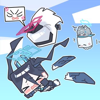 anger_vein animal_ear_fluff animal_ears aqua_halo aqua_scarf aris_(armed)_(blue_archive) aris_(blue_archive) black_hair blue_archive blue_halo blue_scarf blush closed_eyes closed_mouth commentary cross cross_hair_ornament elytra_(minecraft) gameplay_mechanics ghast grey_hair hair_between_eyes hair_ornament halo happy_ghast highres inverted_cross ishikoro24 jacket kei_(blue_archive) kei_(new_body)_(blue_archive) long_hair long_hair_between_eyes mecha_musume mechanical_wings minecraft minecraft_(style) official_alternate_costume one_side_up open_mouth pink_halo rectangular_halo scarf shiroko_(blue_archive) smile speech_bubble spoken_anger_vein symbol-only_commentary twintails very_long_hair white_hair white_jacket wings wolf_ears wolf_girl