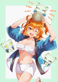 Rule 34 | 0nodera, 1girl, arms up, bomb, breasts, chest sarashi, collarbone, commentary request, con (fate), explosive, fate/grand order, fate (series), fujimaru ritsuka (female), hair between eyes, large breasts, looking at viewer, one eye closed, one side up, open mouth, orange eyes, orange hair, sarashi, shorts, sparkling eyes, white shorts