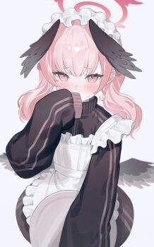 1girl alternate_costume apron black_jacket black_wings blue_archive blush commentary_request covering_own_mouth feathered_wings frilled_apron frills frown fymrie halo head_wings highres holding holding_tray jacket japanese_clothes koharu_(blue_archive) long_sleeves looking_at_viewer low_wings maid pink_eyes pink_hair pink_halo simple_background sleeves_past_fingers sleeves_past_wrists solo track_jacket tray twintails wa_maid white_apron white_background white_headdress winged_halo wings