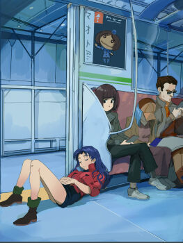 1boy 3girls blue_hair brown_coat brown_hair brown_hat brown_shoes cellphone coat crossed_legs hat highres holding holding_phone katsuragi_misato long_hair long_sleeves multiple_girls neon_genesis_evangelion phil_dragash phone shoes shorts sitting sleeping smartphone tokyo_metro train