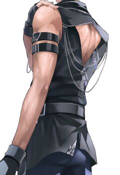 Rule 34 | 1boy, absurdres, arm at side, armband, back, black armband, black gloves, commentary request, cowboy shot, ensemble stars!, feature scout 2 (ensemble stars!), fingerless gloves, fingernails, from behind, gloves, hand on own shoulder, hand up, head out of frame, highres, male focus, official alternate costume, sazanami jun, simple background, sleeveless, solo, sweat, trmro0612, white background