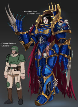 Rule 34 | 1boy, 1girl, absurdres, arm blade, armor, astra militarum, badcompzero, black hair, black lips, blue armor, cape, genderswap, genderswap (mtf), gold trim, goth fashion, green armor, hammer, height difference, highres, konrad curze, measurements, red cape, skull ornament, soldier, spikes, tall female, torn cape, torn clothes, war hammer, warhammer 40k, weapon