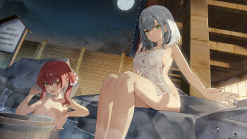 2girls backlighting bare_arms bare_legs bare_shoulders blush breasts bucket building cleavage closed_mouth cloud commentary from_below full_moon green_eyes hair_between_eyes hand_up heterochromia highres hololive houshou_marine kagemoe1003 large_breasts legs long_hair looking_at_viewer lower_teeth_only moon moonlight multiple_girls naked_towel night onsen open_mouth outdoors partially_submerged red_eyes red_hair rock shirogane_noel short_hair sideboob sign sitting smile star_(sky) steam teeth thighs towel tree twintails virtual_youtuber water water_drop waterfall wet wet_towel white_hair wooden_bucket wooden_wall yellow_eyes