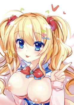 1girl :3 :p absurdres ahoge blonde_hair blue_eyes blush bow bra bra_pull breasts breasts_out cleavage clothes_pull colored_eyelashes commentary_request double_v eyelashes eyes_visible_through_hair gyaru hair_between_eyes hair_ornament hairclip heart heart_hair_ornament highres imoe_(1017933989) kin-iro_loveriche kisaki_reina large_breasts long_hair long_sleeves looking_at_viewer nipples pom_pom_(clothes) pom_pom_hair_ornament red_bow school_uniform shirt simple_background sleeves_past_wrists smile solo sweat tongue tongue_out twintails underwear upper_body v wavy_hair white_background white_shirt