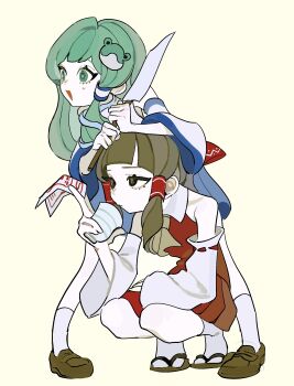 2girls absurdres arm_up behind_another black_eyes blue_skirt bow brown_hair brown_shoes collared_shirt commentary_request cup dee_(tannsumi) detached_sleeves facing_ahead frog_hair_ornament full_body gohei green_eyes green_hair hair_bow hair_ornament hair_tubes hakurei_reimu hands_on_another's_head highres holding holding_cup holding_gohei holding_ofuda kochiya_sanae legs_apart long_hair long_sidelocks multiple_girls ofuda pigeon-toed pleated_skirt red_bow red_shirt red_skirt ribbon-trimmed_sleeves ribbon_trim sandals shirt shoes sidelocks single_hair_tube skirt sleeveless sleeveless_shirt snake_hair_ornament socks sparkling_eyes squatting standing touhou white_sleeves white_socks
