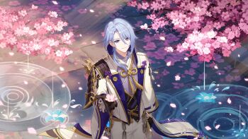 1boy armor black_gloves blue_eyes blue_hair cancancancan cherry_blossoms chinese_commentary closed_mouth collared_jacket commentary_request falling_petals feet_out_of_frame flower genshin_impact gloves gold_trim hair_between_eyes holding jacket japanese_armor japanese_clothes kamisato_ayato kimono lapels long_sleeves looking_at_viewer male_focus medium_hair mole mole_under_mouth pants parted_bangs petals petals_on_liquid pink_flower purple_eyes shoulder_armor smile solo standing swept_bangs tassel vision_(genshin_impact) water white_jacket white_pants wide_sleeves