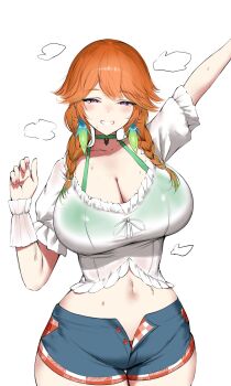 1girl arm_up bikini bikini_under_clothes braid breasts choker cleavage denim denim_shorts earrings feather_earrings feathers green_bikini green_choker highres hololive hololive_english jewelry large_breasts looking_at_viewer midriff mulhubs navel official_alternate_costume open_clothes open_fly open_shorts orange_hair purple_eyes shorts simple_background smile solo sweat swimsuit takanashi_kiara takanashi_kiara_(casual) twin_braids virtual_youtuber white_background