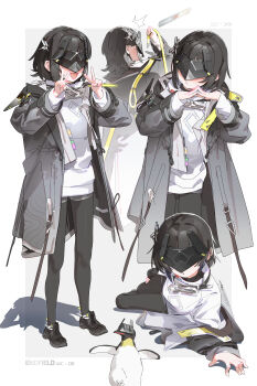 1girl absurdres arknights arknights:_endfield bird black_hair black_jacket black_mask black_pantyhose bm_tol commentary double_v endministrator_(arknights) eye_mask female_endministrator_(arknights) highres jacket lying mask multiple_views off_shoulder on_side open_clothes open_mouth pantyhose penguin short_hair simple_background solo sweater symbol-only_commentary v white_sweater